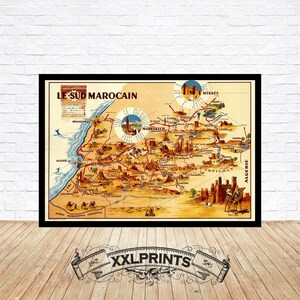 Ancienne carte illustrée du sud du Maroc, 1954, belle reproduction, grande carte, impression d'art, impression de carte surdimensionnée