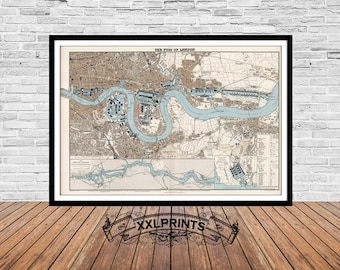 May include: A vintage map of the Port of London, printed in black and white with blue accents. The map shows the Thames River and surrounding areas.