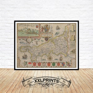 Alte Landkarte von Cornwall, 1646, seltene, alte Landkarte, britische Grafschaften, feine Reproduktion, große Landkarte, Fine Art Druck,