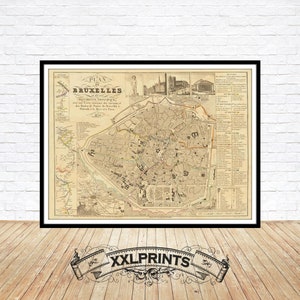 Old city plan of Brussels, monuments map, 1830, rare, fine reproduction, large map, fine art print, oversize map print