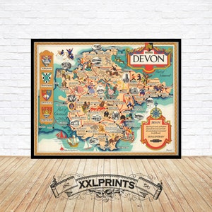 May include: A vintage map of Devon, England, with a colorful illustration style. The map features various landmarks, towns, and cities, along with small illustrations depicting local activities and traditions. The map is framed in a black frame.