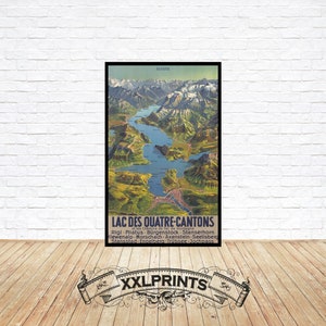 May include: Vintage travel poster advertising the Lake of the Four Cantons in Switzerland. The poster features a detailed map of the lake and surrounding mountains, with the text "Lac des Quatre-Cantons" and a list of nearby attractions.