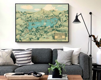 Plakat vintage Huntington Lake: wydruk artystyczny z lat 40. XX wieku