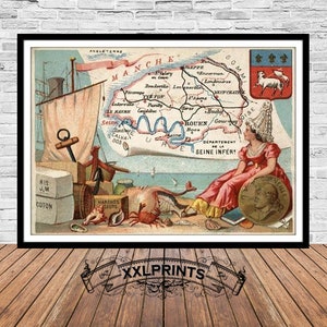 Ancienne carte du département de la Sienne-inférieure, 1935, Seine-Maritime, carte rare, belle reproduction, grande carte, impression d'art, impression de carte surdimensionnée