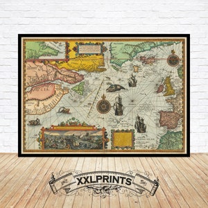 Carte ancienne de la Nouvelle-France, Canada, 1504, extrêmement rare, belle carte, belle reproduction, grande carte, impression d'art, impression de carte surdimensionnée