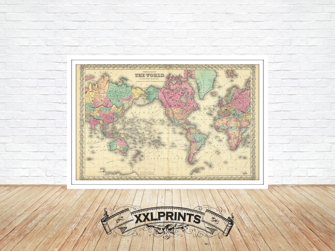1856 World Map Print: Rare Antique Fine Art Reproduction - Etsy