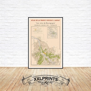 Mapa antiguo de vinos de Borgoña, Chablis, Grand Cru Chablis, 1942, viñedos de Francia, excelente reproducción, mapa grande, impresión artística