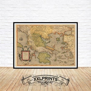 Vecchia mappa della Grecia, 1584, mappa antica, molto rara, bella, riproduzione raffinata, mappa di grandi dimensioni, stampa artistica, arredamento antico, stampa di mappa di grandi dimensioni