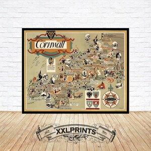 Mapa pictórico antiguo de Cornualles, 1950, condados del Reino Unido, reproducción fina, mapa grande, impresión de bellas artes, impresión de mapa de gran tamaño