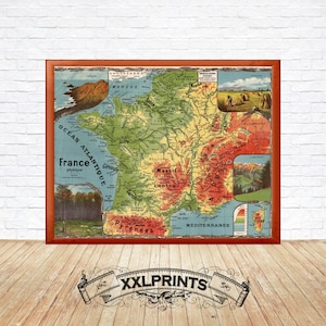 Mapa físico antigo da França, 1920, reprodução fina, mapa grande, impressão de belas artes, impressão de mapa em tamanho grande
