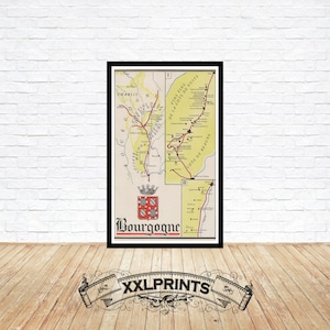 Mapa antiguo de los vinos de Borgoña, 1947, reproducción fina, mapa de gran tamaño, impresión de bellas artes