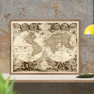 Mapa antigo do mundo, 1708, decoração antiga, mapa enorme, reprodução fina, vintage, decoração antiga, impressão de belas artes