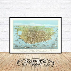 Luftaufnahme von San Francisco aus der Vogelperspektive, 1878, Perspektive, antik, feine Reproduktion, große Karte, Fine Art Druck, Kunstdruck