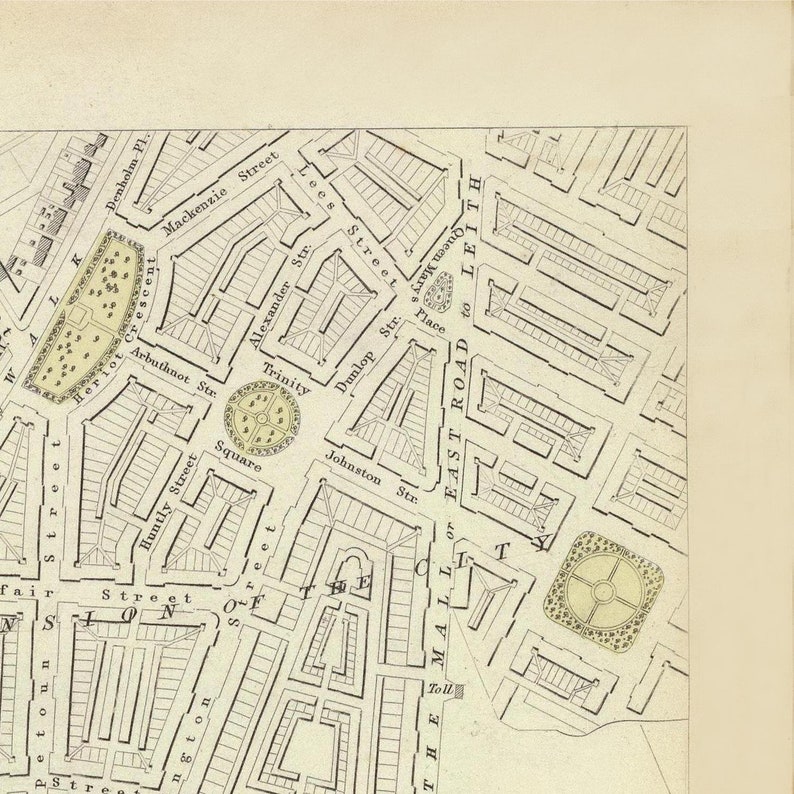 May include: A black and white map of a city with street names and a few parks. The map is titled "The Mall of East Road to Leith".