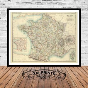 Mapa antigo da França, 1893, mapa muito raro, reprodução fina, mapa grande, impressão de belas artes, decoração antiga, impressão de mapa de tamanho grande
