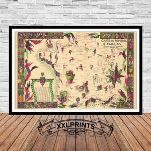 Ancienne carte de France, carte de peintres français, XIXe siècle, belle reproduction, grande carte, impression d'art, décor antique, impression de carte surdimensionnée