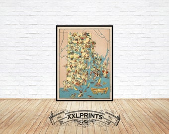 May include: A vintage illustrated map of Rhode Island with cartoon characters and landmarks. The map is printed on a cream-colored background with blue water and green land. The title "Rhode Island" is printed in a yellow banner at the bottom of the map.