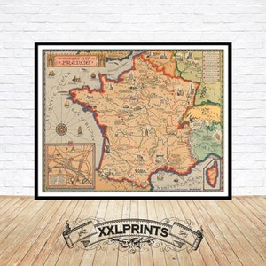 Mapa pictórico da França, 1929, antigo, belo, reprodução fina, mapa grande, impressão de belas artes, decoração antiga, impressão de mapa de tamanho grande