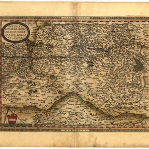 May include: An antique map of Austria, titled "AVSTRIAE DVCATVS CHOROGRAPHIA WOLF GANGI LAZIO AVCTTORE." The map is printed on aged paper and features a detailed depiction of the region with numerous place names and geographical features.