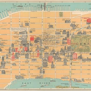 Mapa de visitantes de Manhattan, ciudad de Nueva York, 1928, antigüedad digital, mapa vintage, papeles de álbum de recortes con texturas antiguas, descarga instantánea