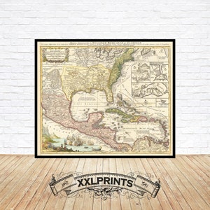 Oude kaart van Mexico, Florida, Caraïbisch gebied, 1740, zeldzame kaart, fijne reproductie, grote kaart, fine art print, extra grote kaartprint