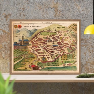 Carte ancienne d'Assise, Pérouse, carte ancienne du XVe siècle, antiquité, décor vintage, carte très rare, impression d'art