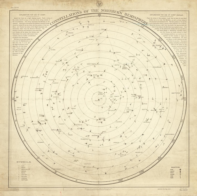 fine reproduction fine art print large map 1908 Constellations of the Northern Hemisphere oversize map print