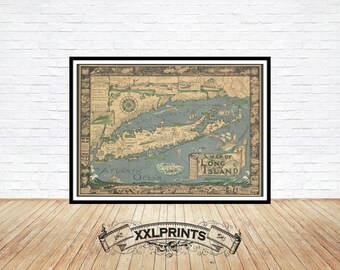 Old map of Long Island, New York, 1933, pictorial, fine reproduction, large map, fine art print, oversize map print