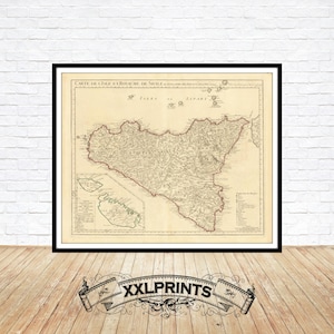 Op de afbeelding: Een antieke kaart van het eiland Sicilië, gedrukt in zwart-wit met bruine accenten. De kaart is getiteld "Carte de L'Isle & Royaume de Sicile" en bevat de tekst "Isle de Lipari" in de rechterbovenhoek.