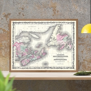 Carte ancienne du Nouveau-Brunswick, Nouvelle-Écosse, Terre-Neuve, Canada, 1862, belle reproduction, impression d'art, immense carte