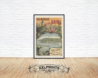 Old advertising poster of Mineral Water, Evian Les Bains, rare poster, fine reproduction, large, fine art print, oversize print