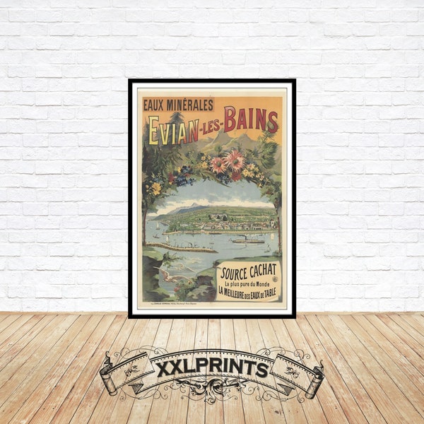 Old advertising poster of Mineral Water, Evian Les Bains, rare poster, fine reproduction, large, fine art print, oversize print