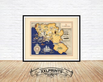 Old pictorial map of Campania, Italy Regions, 1939, fine reproduction, large map, fine art print, oversize map print