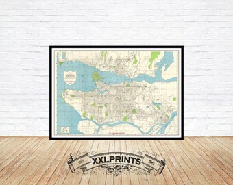 Impression de carte de la ville de Vancouver : reproduction d'art vintage 1947