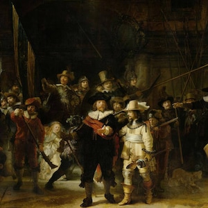 May include: A detailed painting depicting a group of figures in historical attire, illuminated by dramatic lighting. The scene features men in hats, holding weapons and flags, with a central focus on two figures in the foreground. The color palette is dominated by dark tones with highlights.