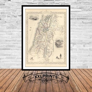 Carte ancienne de la Palestine, 1851, carte ancienne, belle reproduction, grande carte, impression d'art, décor antique, impression de carte surdimensionnée