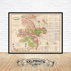 Ancienne carte de la Champagne, 1882, carte des vins, viticulture et vinification, belle reproduction, grande carte, impression d'art, impression de carte surdimensionnée