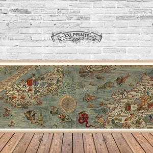 Ancient map Carta Marina with sea monsters, fine reproduction, old map, vintage, antique decor, fine art print