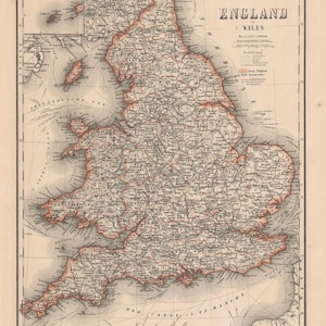 1864 Duitse kaart van Engeland en Wales, digitaal antiek, vintage kaart, plakboekpapier met oude texturen, instant download