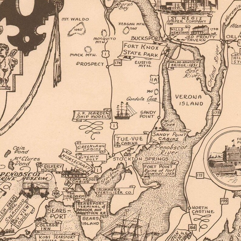 Old Map of Penobscot Bay Maine 1940 Pictorial Map Fine - Etsy