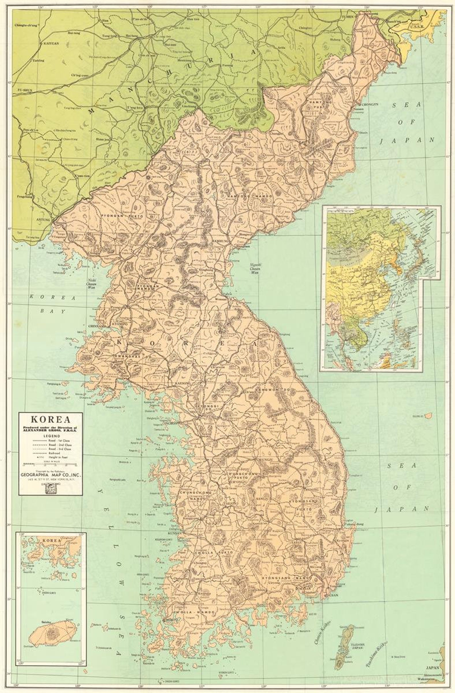 Old map of Korea, 1950, fine reproduction, large map, fine art print, oversize map print