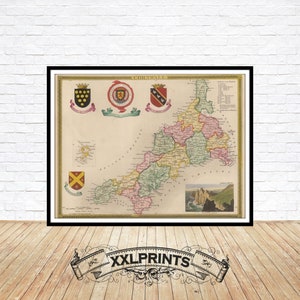 Ancienne carte des Cornouailles, 1840, carte ancienne, comtés du Royaume-Uni, belle reproduction, grande carte, impression d'art, impression de carte surdimensionnée