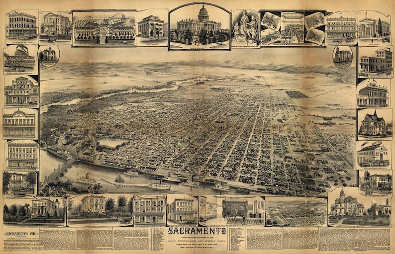 Antique Map of Sacramento 1890 Old Map Bird Eye Viewfine Etsy