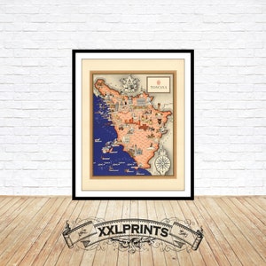 Old pictorial map of Tuscany, Italy Regions, 1939, fine reproduction, large map, fine art print, oversize map print