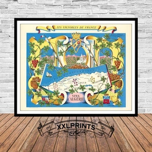 Carte des vins d'Algérie, 1954, belle reproduction, grande carte, impression d'art, décor antique, impression de carte surdimensionnée