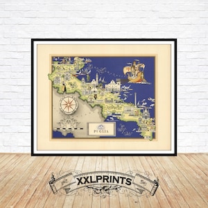 Vecchia mappa pittorica della Puglia, regioni d'Italia, 1939, bella riproduzione, mappa di grandi dimensioni, stampa artistica, stampa di mappa di grandi dimensioni