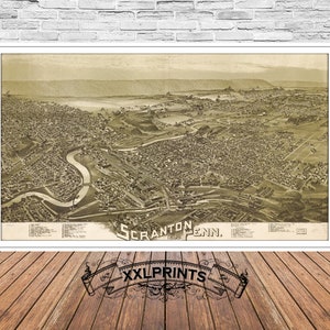 Carte ancienne de Scranton, Pennsylvanie, 1890, vue aérienne, belle reproduction, grande carte, impression d'art, décor antique, impression de carte surdimensionnée