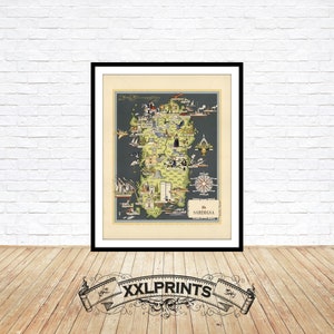 Ancienne carte illustrée de la Sardaigne, régions de l'Italie, 1939, belle reproduction, grande carte, impression d'art, impression de carte surdimensionnée