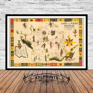 Mapa antigo da França, mapa de poetas franceses, mapa do século XIX, reprodução fina, mapa grande, impressão de belas artes, decoração antiga, impressão de mapa grande