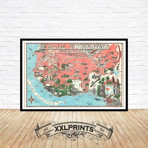Ancienne carte de l'Afrique occidentale française, XIXe siècle, belle reproduction, grande carte, impression d'art, décor antique, impression de carte surdimensionnée